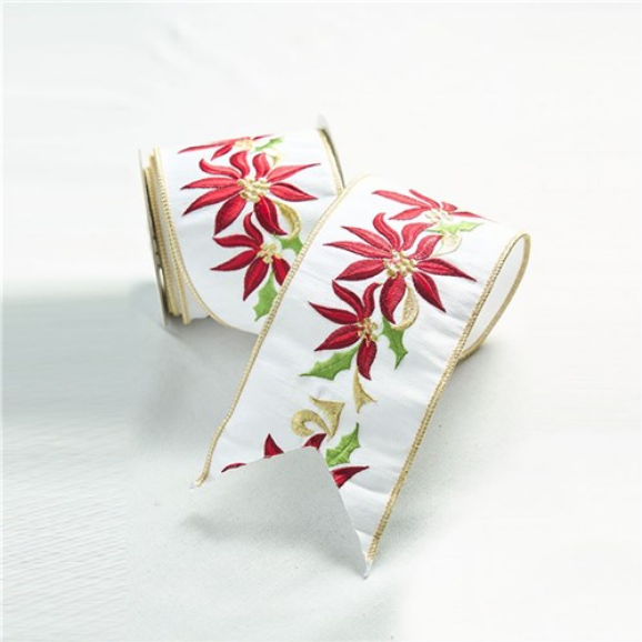 White Dupion Ribbon w/ Poinsettia